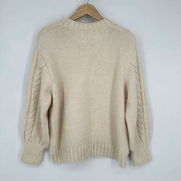 MANGO Crew Neck Sweater Pom-Pom Chunky Cable Knit Balloon Sleeve, Cream - Picture 4 of 8